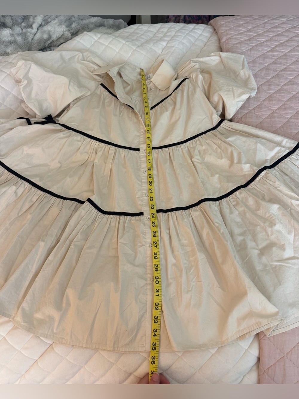 Off-White Tiered Button-Front Dress with Black Trim - Picture 9 of 9